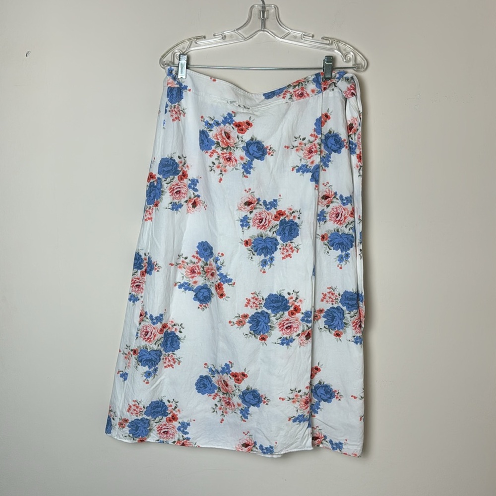 LOFT Wrap Skirt Size 10 Floral Blue & Pink Flowers Linen/Cotton Blend